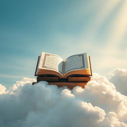 A beautifully illuminated Quran resting on a wooden stand (rahal) in the sky, surrounded by fluffy white clouds