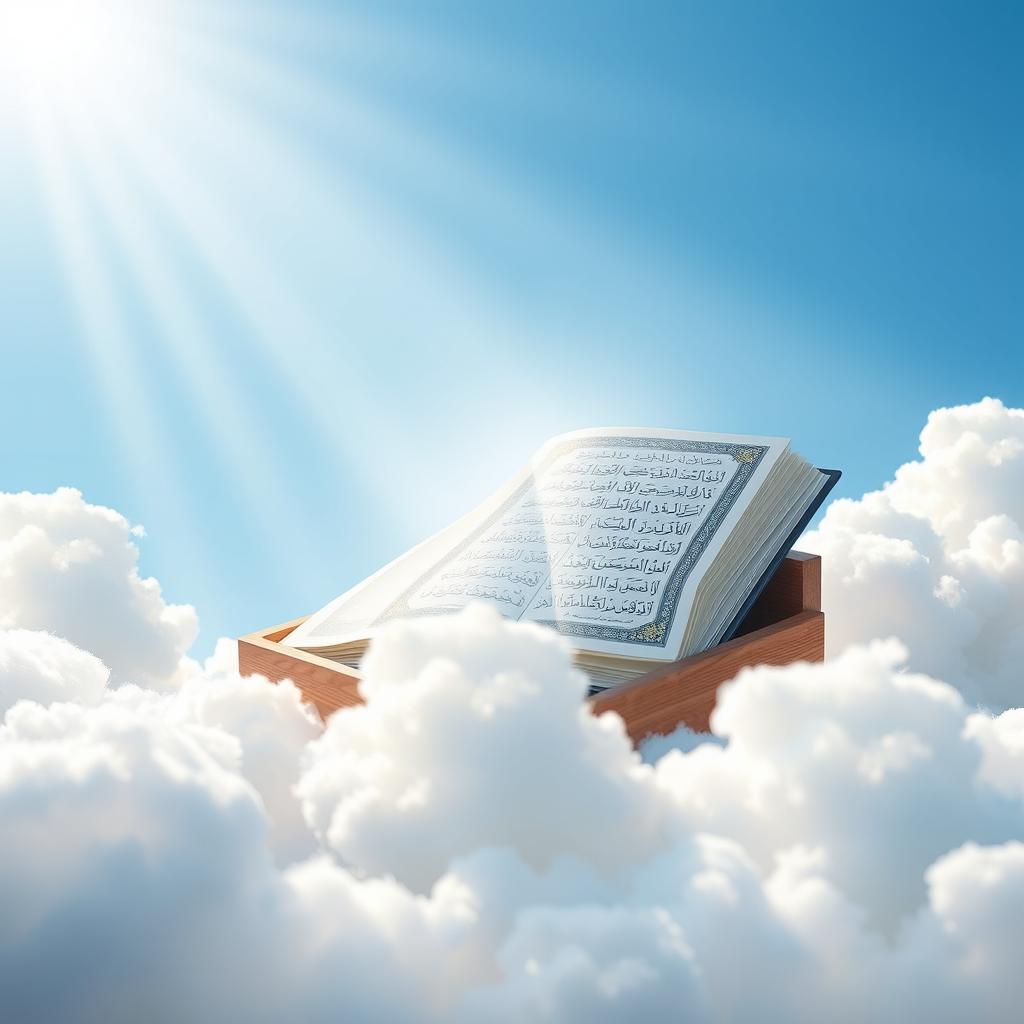 A beautifully illuminated Quran resting on a wooden stand (rahal) in the sky, surrounded by fluffy white clouds