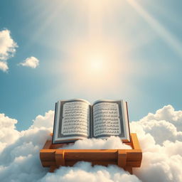 A beautifully illuminated Quran resting on a wooden stand (rahal) in the sky, surrounded by fluffy white clouds