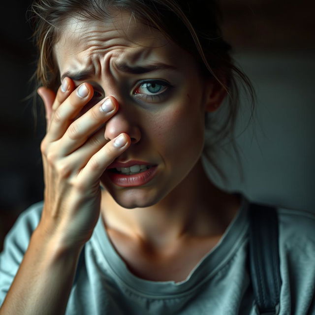 A woman with a distressed expression, holding her hand near her eye which appears to have a small cut with some blood, showcasing a mix of emotions