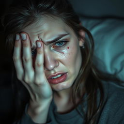 A woman with a distressed expression, holding her hand near her eye which appears to have a small cut with some blood, showcasing a mix of emotions