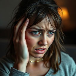 A woman with a distressed expression, holding her hand near her eye which appears to have a small cut with some blood, showcasing a mix of emotions