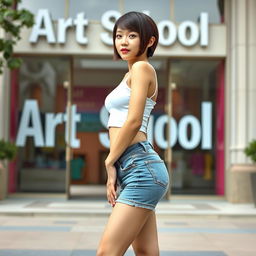 A slim Asian lady with a stylish bobcut hairstyle, showcasing firm very small breasts