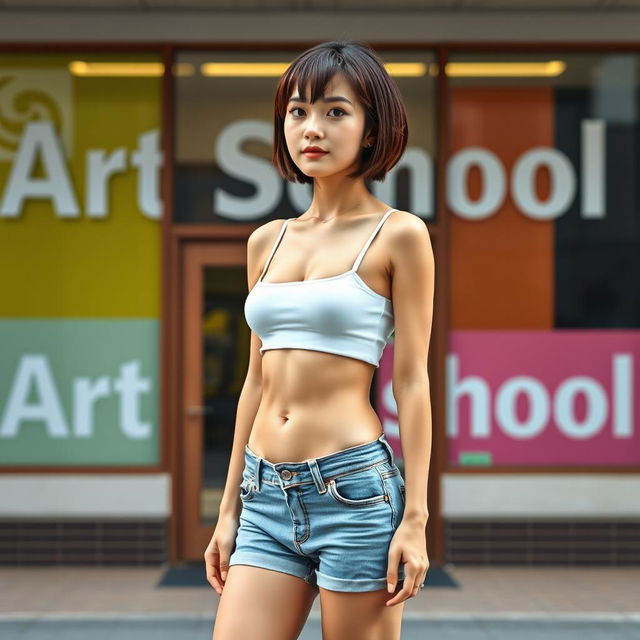 A slim Asian lady with a stylish bobcut hairstyle, showcasing firm very small breasts