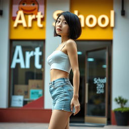 A slim Asian lady with a stylish bobcut hairstyle, showcasing firm very small breasts