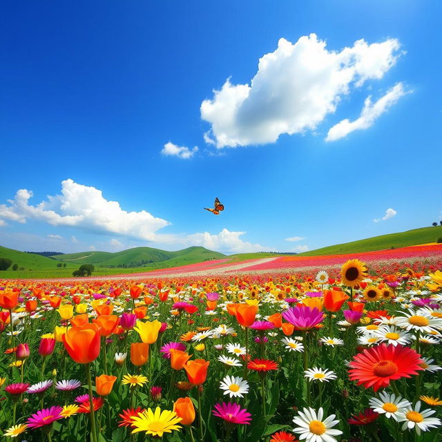 A vibrant and colorful flower field bursting with a variety of blooming flowers, showing a mix of tulips, daisies, and sunflowers in a picturesque landscape during a sunny day