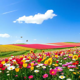 A vibrant and colorful flower field bursting with a variety of blooming flowers, showing a mix of tulips, daisies, and sunflowers in a picturesque landscape during a sunny day