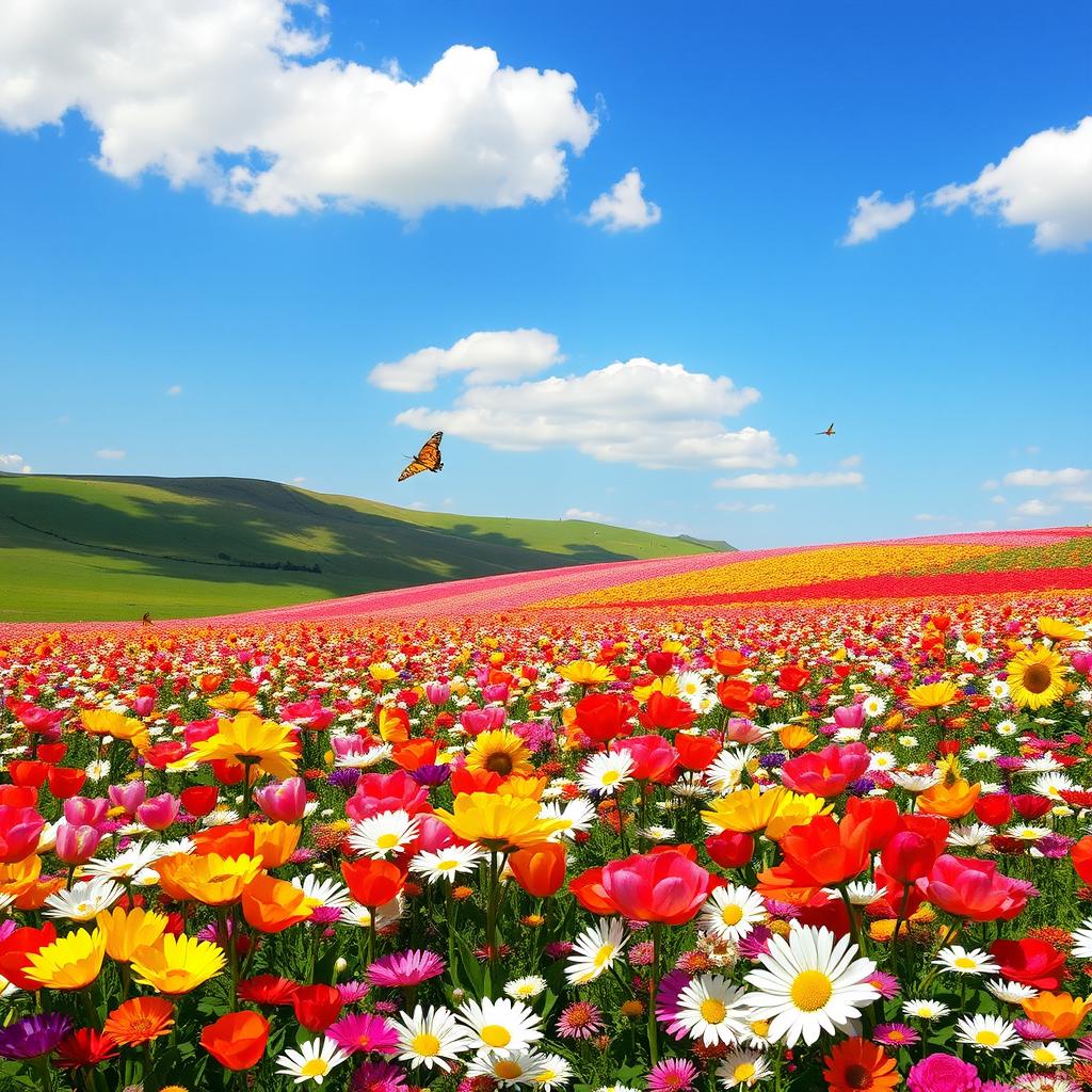 A vibrant and colorful flower field bursting with a variety of blooming flowers, showing a mix of tulips, daisies, and sunflowers in a picturesque landscape during a sunny day