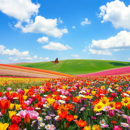 A vibrant and colorful flower field bursting with a variety of blooming flowers, showing a mix of tulips, daisies, and sunflowers in a picturesque landscape during a sunny day