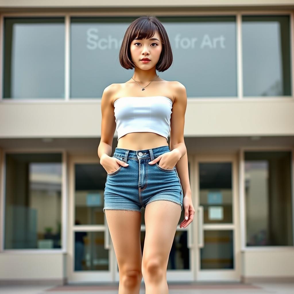 A slim Asian lady with a fashionable bobcut hairstyle, showcasing firm very small breasts