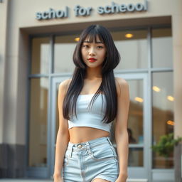 A slim Asian lady with a fashionable bobcut hairstyle, showcasing firm very small breasts