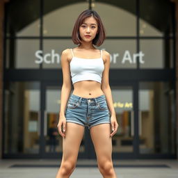 A slim Asian lady with a fashionable bobcut hairstyle, showcasing firm very small breasts