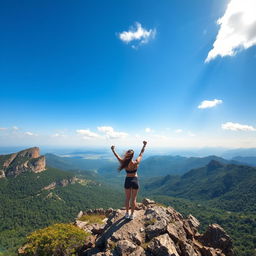 A stunning landscape view featuring a woman standing triumphantly at the top of a mountain peak