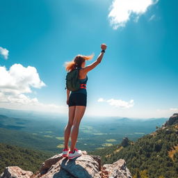 A stunning landscape view featuring a woman standing triumphantly at the top of a mountain peak