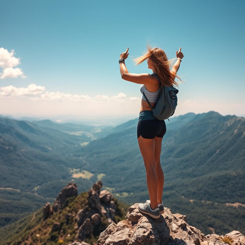 A stunning landscape view featuring a woman standing triumphantly at the top of a mountain peak