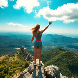 A stunning landscape view featuring a woman standing triumphantly at the top of a mountain peak
