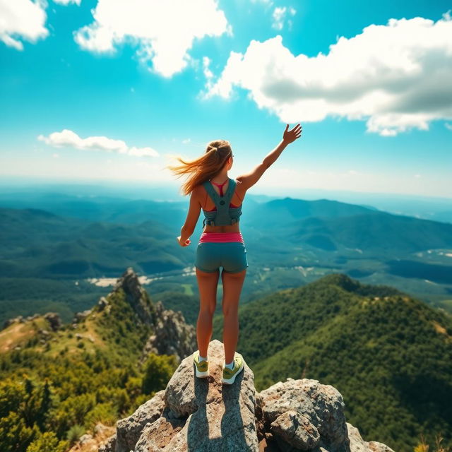 A stunning landscape view featuring a woman standing triumphantly at the top of a mountain peak