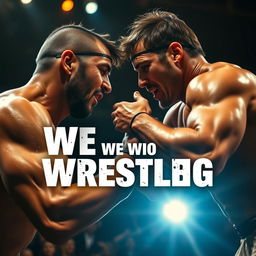 A dramatic close-up of a wrestling match in a dimly lit arena showcasing two wrestlers engaged in a fierce grapple, with sweat glistening on their bodies