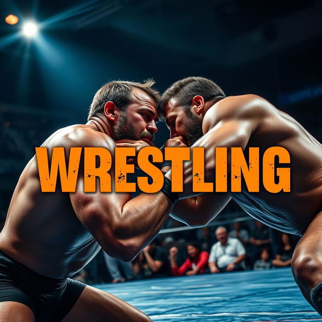 A dramatic close-up of a wrestling match in a dimly lit arena showcasing two wrestlers engaged in a fierce grapple, with sweat glistening on their bodies