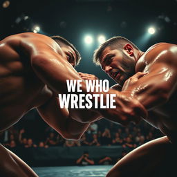 A dramatic close-up of a wrestling match in a dimly lit arena showcasing two wrestlers engaged in a fierce grapple, with sweat glistening on their bodies