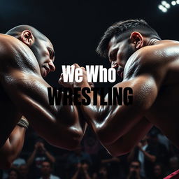 A dramatic close-up of a wrestling match in a dimly lit arena showcasing two wrestlers engaged in a fierce grapple, with sweat glistening on their bodies