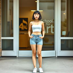 A slim Asian lady with a chic bobcut hairstyle, wearing tight jean micro shorts and a stylish white crop top paired with white sneakers