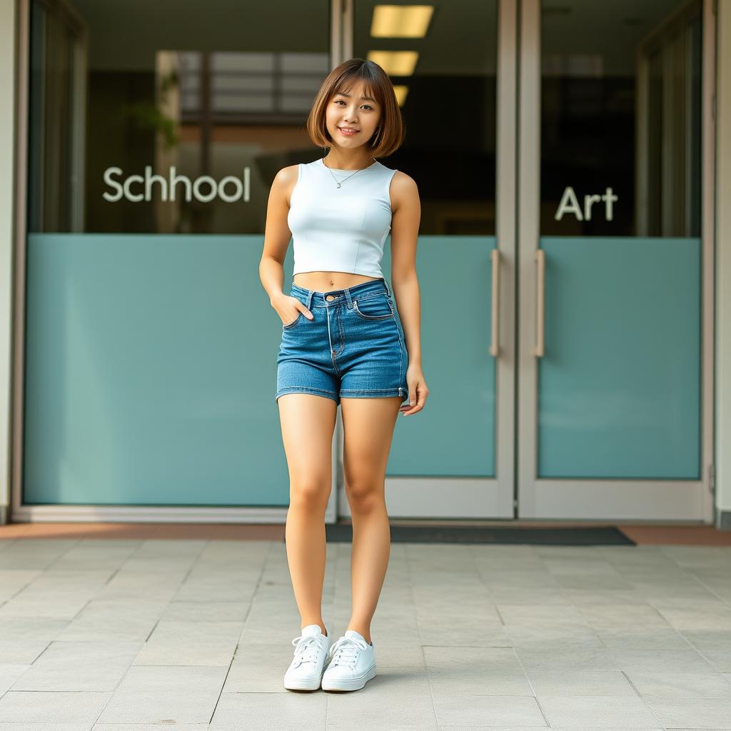 A slim Asian lady with a chic bobcut hairstyle, wearing tight jean micro shorts and a stylish white crop top paired with white sneakers