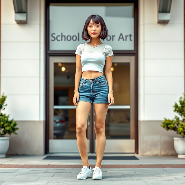 A slim Asian lady with a chic bobcut hairstyle, wearing tight jean micro shorts and a stylish white crop top paired with white sneakers