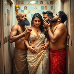 A striking scene in an Indian public toilet, featuring a hot, fair-skinned Indian woman with a shy demeanor, wearing a transparent saree that reveals her bikini underneath, accentuating her big breasts and deep navel