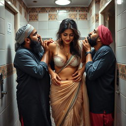 A striking scene in an Indian public toilet, featuring a hot, fair-skinned Indian woman with a shy demeanor, wearing a transparent saree that reveals her bikini underneath, accentuating her big breasts and deep navel