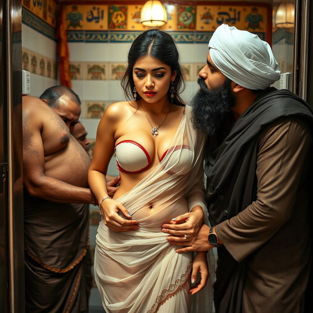 A striking scene in an Indian public toilet, featuring a hot, fair-skinned Indian woman with a shy demeanor, wearing a transparent saree that reveals her bikini underneath, accentuating her big breasts and deep navel