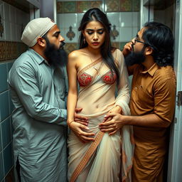 A striking scene in an Indian public toilet, featuring a hot, fair-skinned Indian woman with a shy demeanor, wearing a transparent saree that reveals her bikini underneath, accentuating her big breasts and deep navel