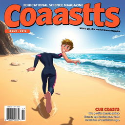Anime-style cover art for an educational science magazine issue titled 'Coasts', featuring an excited teen male character in a tight one-piece wetsuit, running energetically on a sandy beach towards the sparkling ocean