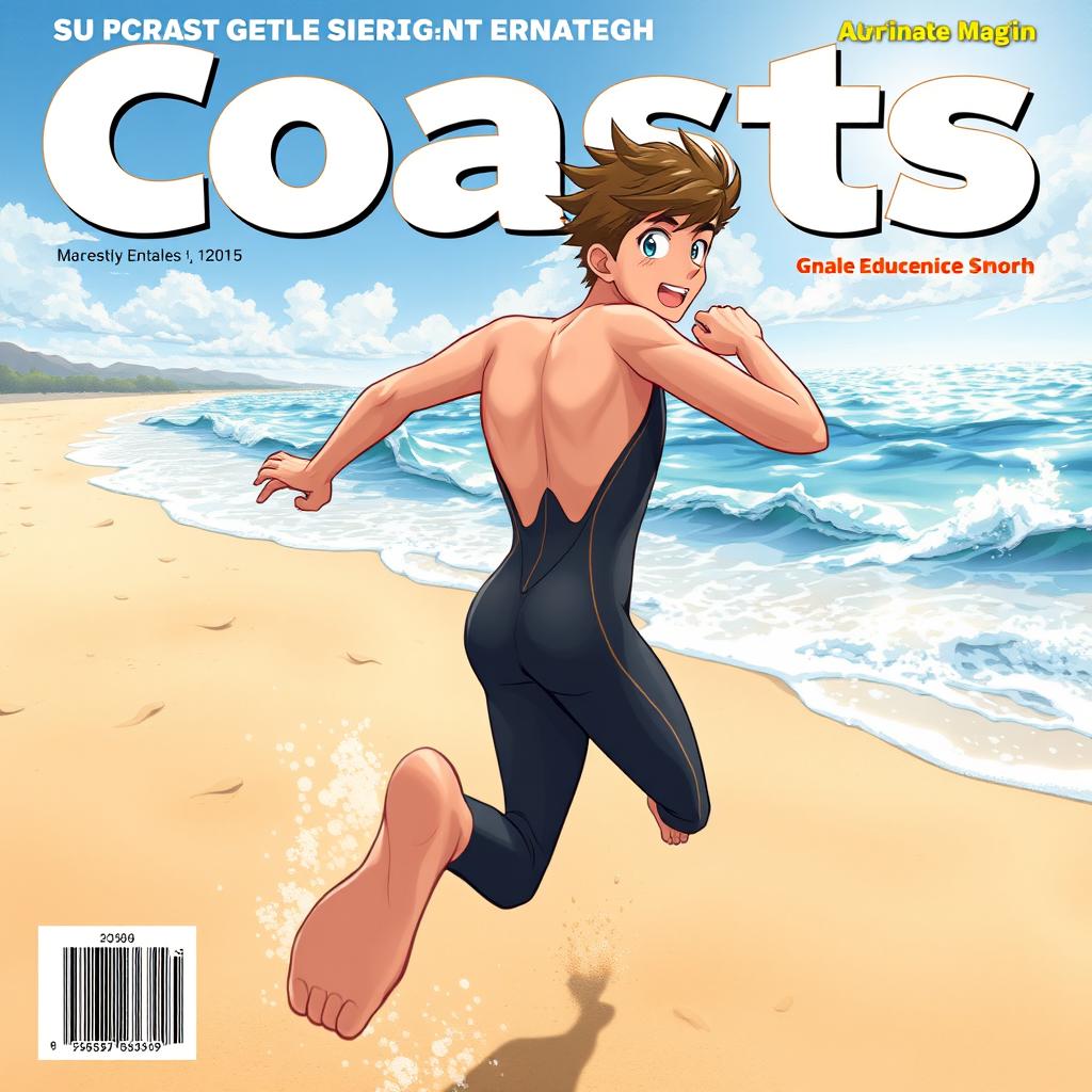 Anime-style cover art for an educational science magazine issue titled 'Coasts', featuring an excited teen male character in a tight one-piece wetsuit, running energetically on a sandy beach towards the sparkling ocean