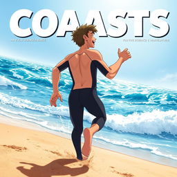 Anime-style cover art for an educational science magazine issue titled 'Coasts', featuring an excited teen male character in a tight one-piece wetsuit, running energetically on a sandy beach towards the sparkling ocean