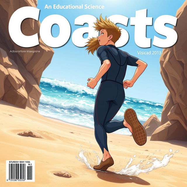 Anime-style cover art for an educational science magazine issue titled 'Coasts', featuring an excited teen male character in a tight one-piece wetsuit, running energetically on a sandy beach towards the sparkling ocean