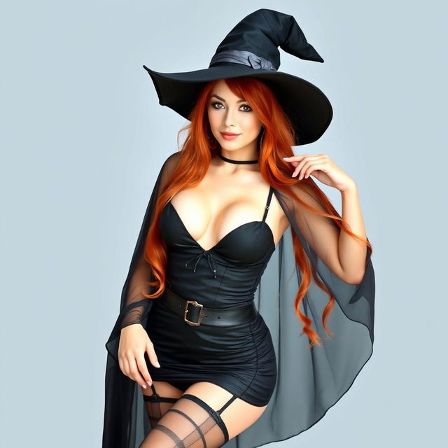 A sexy light-skinned witch with vibrant red hair, adorned in a form-fitting black dress that features a transparent cape flowing elegantly