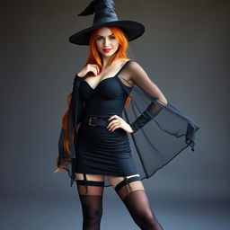 A sexy light-skinned witch with vibrant red hair, adorned in a form-fitting black dress that features a transparent cape flowing elegantly
