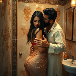 A sensual scene set in a lavishly decorated restroom with intricate tile work, where a fair-skinned Indian woman in a transparent, strapless saree bikini is pressed against a wall