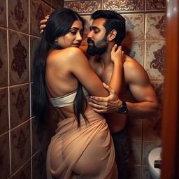 A sensual scene set in a lavishly decorated restroom with intricate tile work, where a fair-skinned Indian woman in a transparent, strapless saree bikini is pressed against a wall