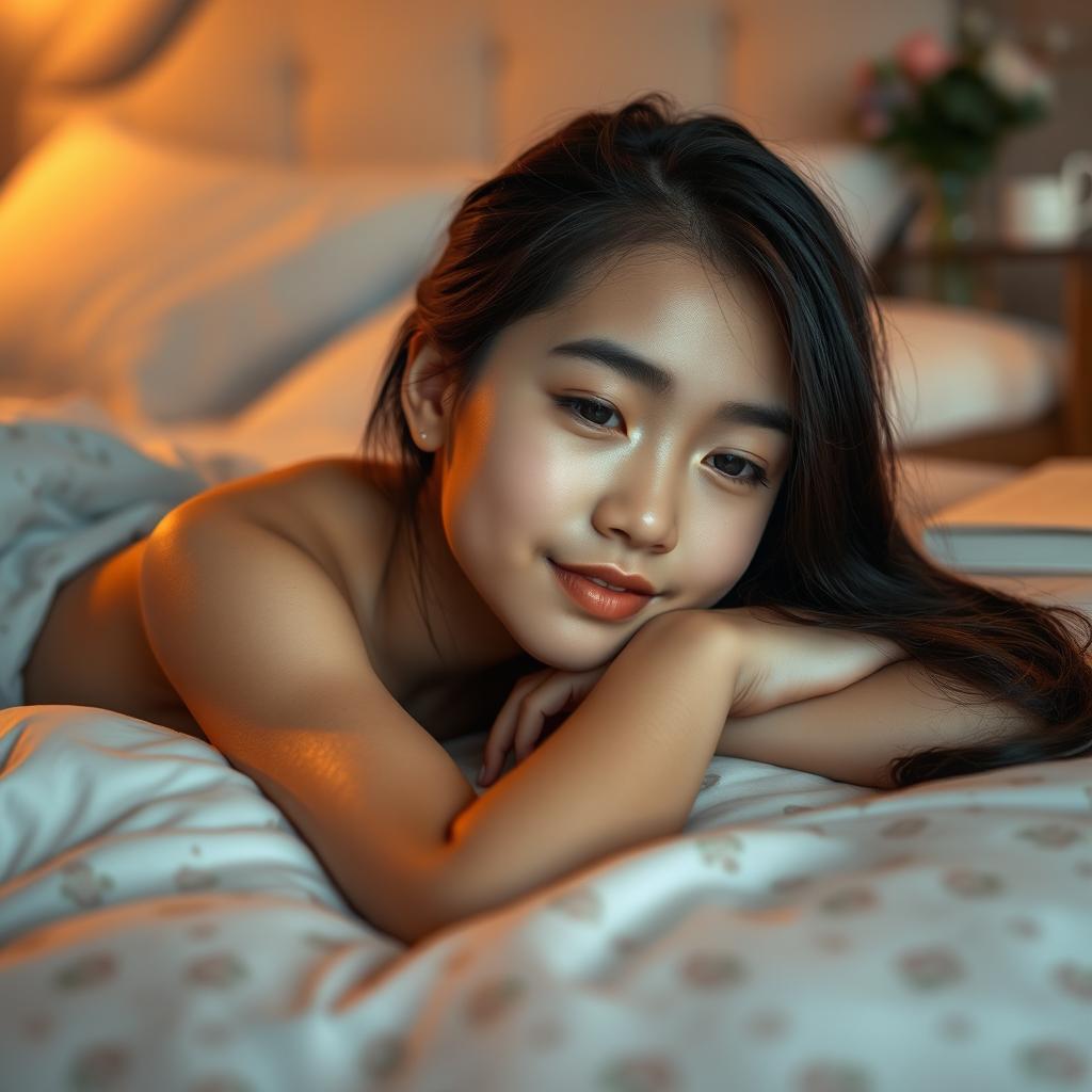 A beautiful girl lying down on a soft, plush bed, exuding a sense of tranquility and relaxation