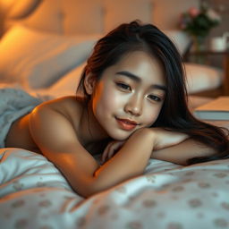 A beautiful girl lying down on a soft, plush bed, exuding a sense of tranquility and relaxation