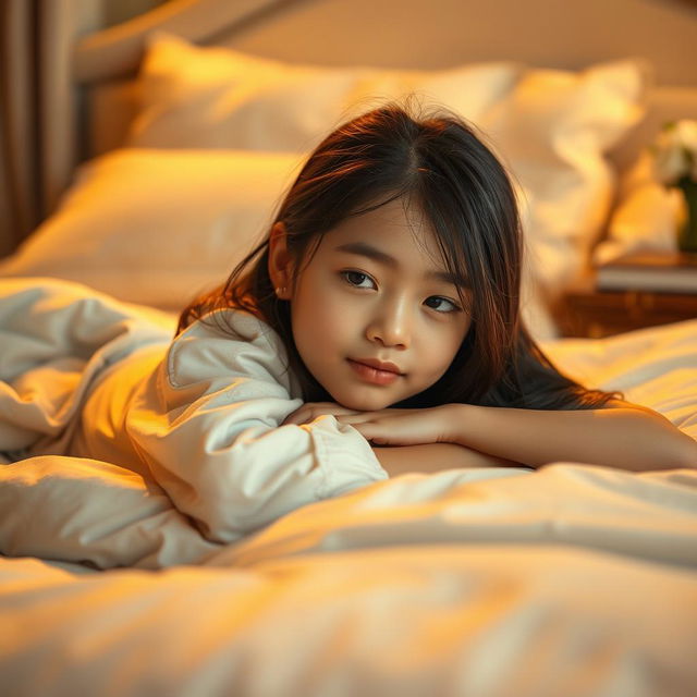 A beautiful girl lying down on a soft, plush bed, exuding a sense of tranquility and relaxation