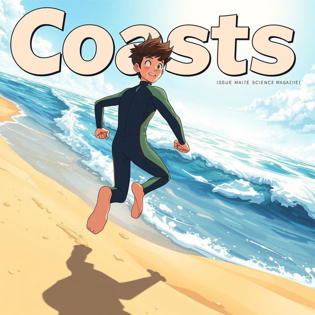 Anime-style cover art for an educational science magazine issue titled 'Coasts', featuring an excited teen male character in a tight full-body wetsuit, sprinting energetically along a sandy beach towards the shimmering ocean