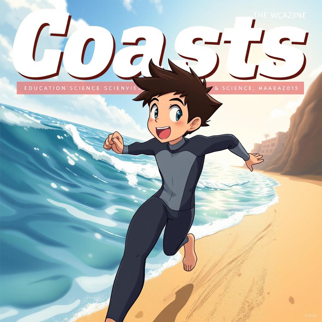 Anime-style cover art for an educational science magazine issue titled 'Coasts', featuring an excited teen male character in a tight full-body wetsuit, sprinting energetically along a sandy beach towards the shimmering ocean