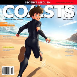 Anime-style cover art for an educational science magazine issue titled 'Coasts', featuring an excited teen male character in a tight full-body wetsuit, sprinting energetically along a sandy beach towards the shimmering ocean
