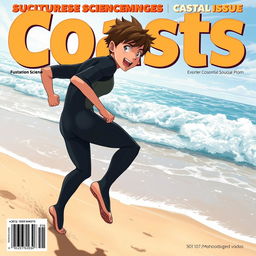 Anime-style cover art for an educational science magazine issue titled 'Coasts', featuring an excited teen male character in a tight full-body wetsuit, sprinting energetically along a sandy beach towards the shimmering ocean
