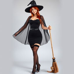 A sexy light-skinned witch with stunning red hair, dressed in a tight black dress featuring a flowing transparent cape