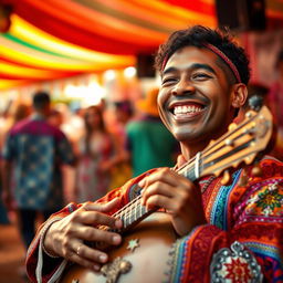 A talented tomba player smiling joyfully while playing their instrument, with colorful traditional attire and an upbeat atmosphere