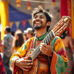 A talented tomba player smiling joyfully while playing their instrument, with colorful traditional attire and an upbeat atmosphere